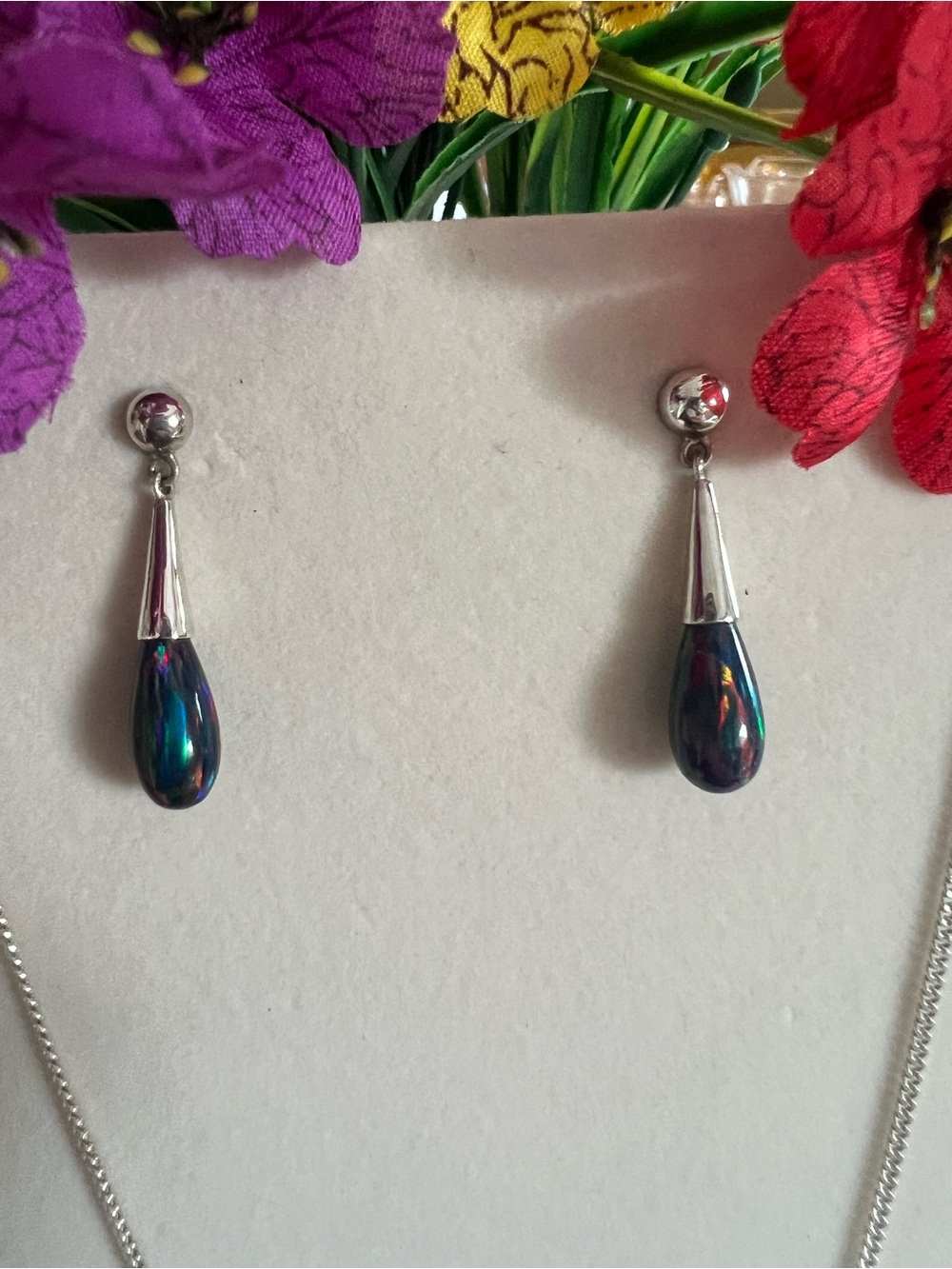 Sterling Silver Black Opal Teardrop Necklace & Earrings Set - Picture 3 of 11